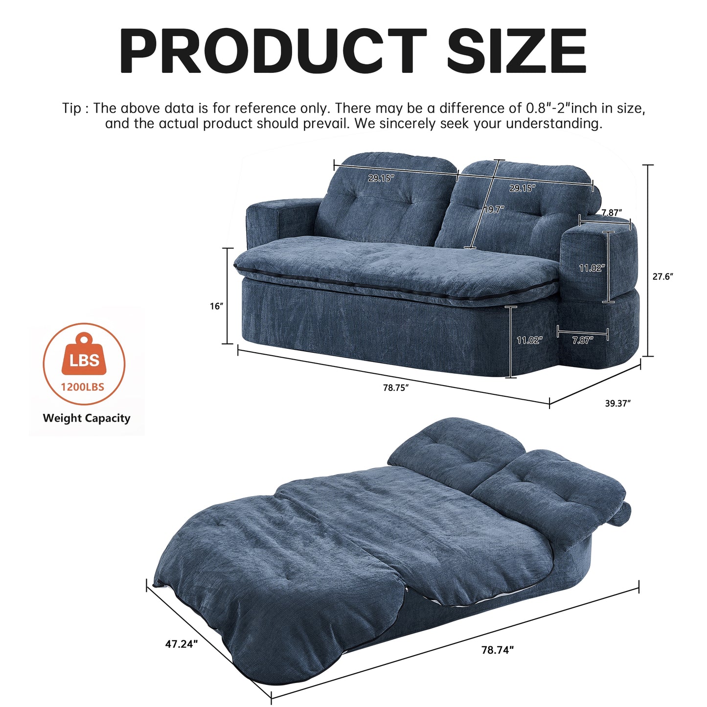 Dark Blue Linen Sofa Bed - Foldable Sleeper, No Assembly for Living Room