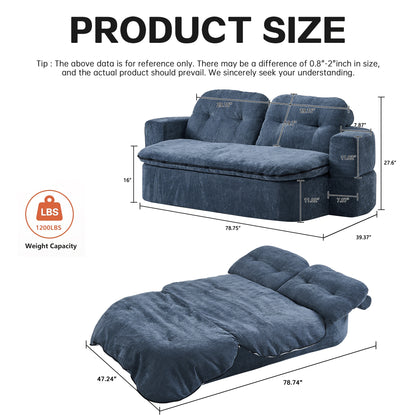 Dark Blue Linen Sofa Bed - Foldable Sleeper, No Assembly for Living Room