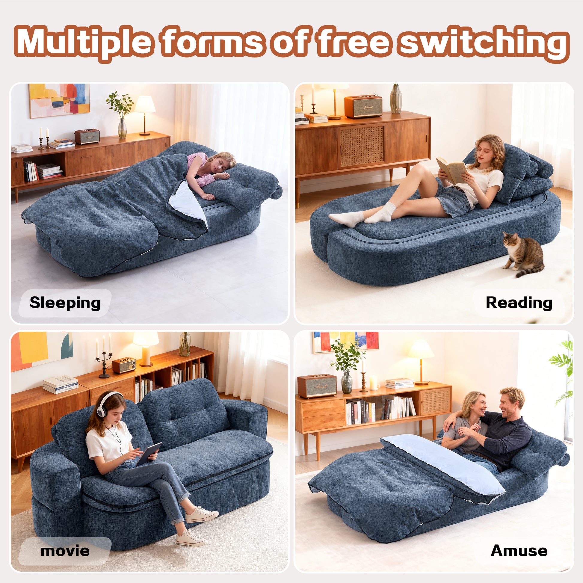 Dark Blue Linen Sofa Bed - Foldable Sleeper, No Assembly for Living Room