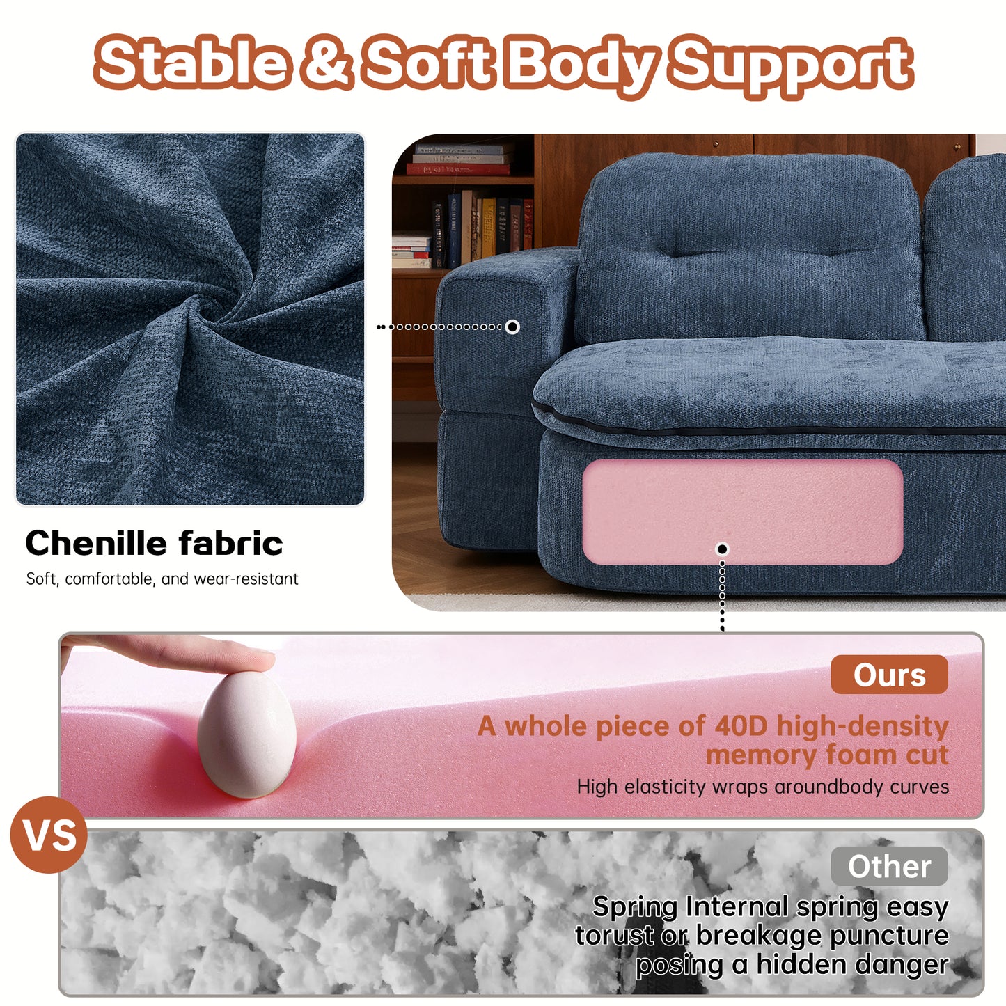 Dark Blue Linen Sofa Bed - Foldable Sleeper, No Assembly for Living Room