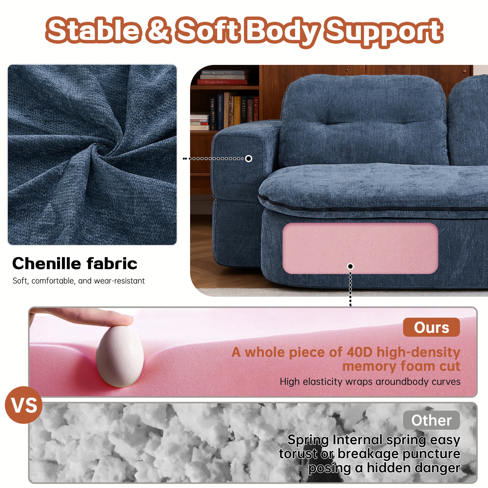 Dark Blue Linen Sofa Bed - Foldable Sleeper, No Assembly for Living Room