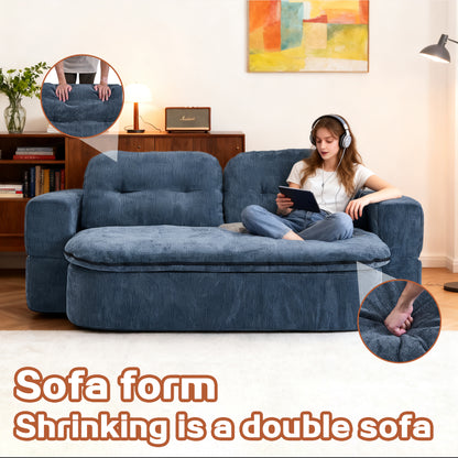 Dark Blue Linen Sofa Bed - Foldable Sleeper, No Assembly for Living Room