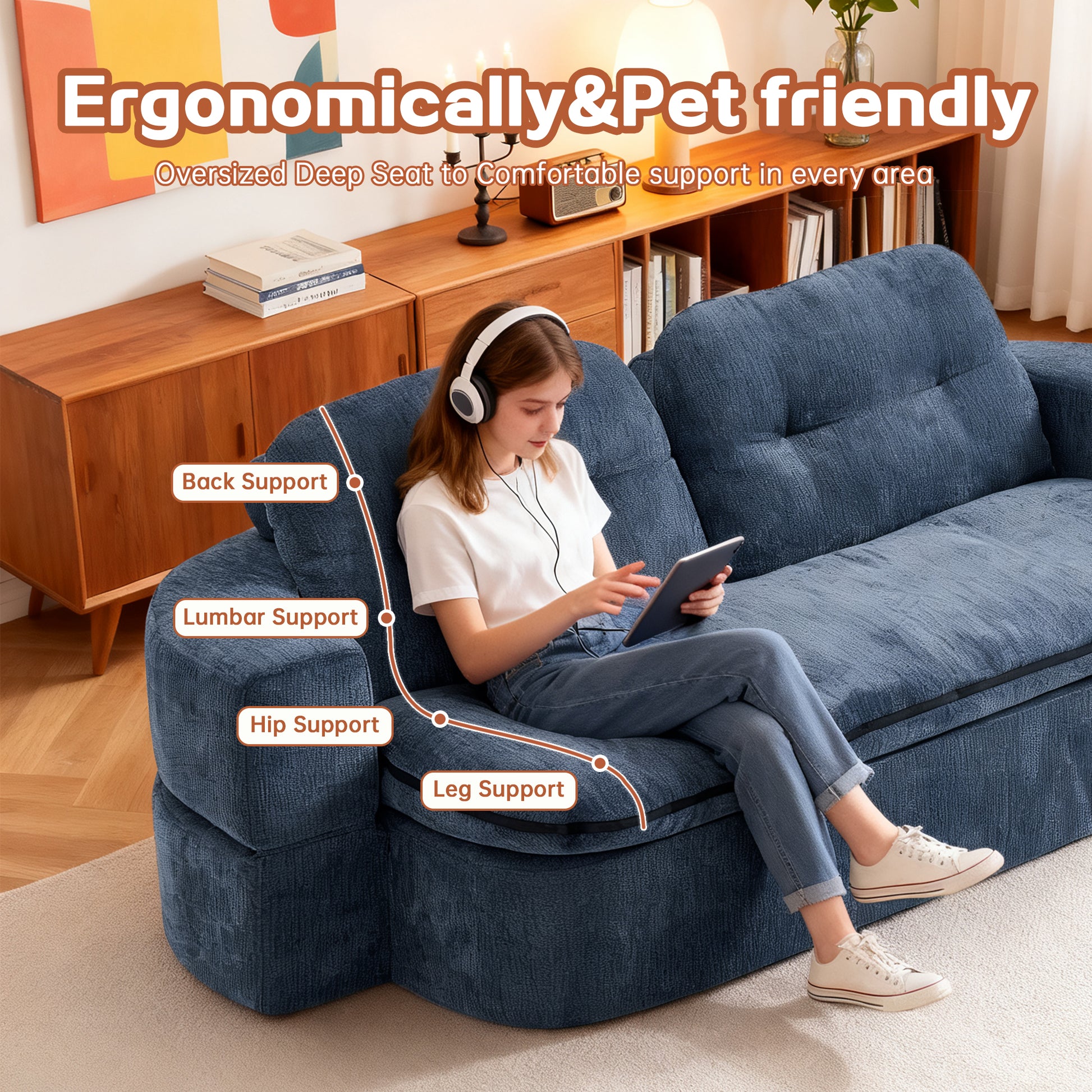 Dark Blue Linen Sofa Bed - Foldable Sleeper, No Assembly for Living Room