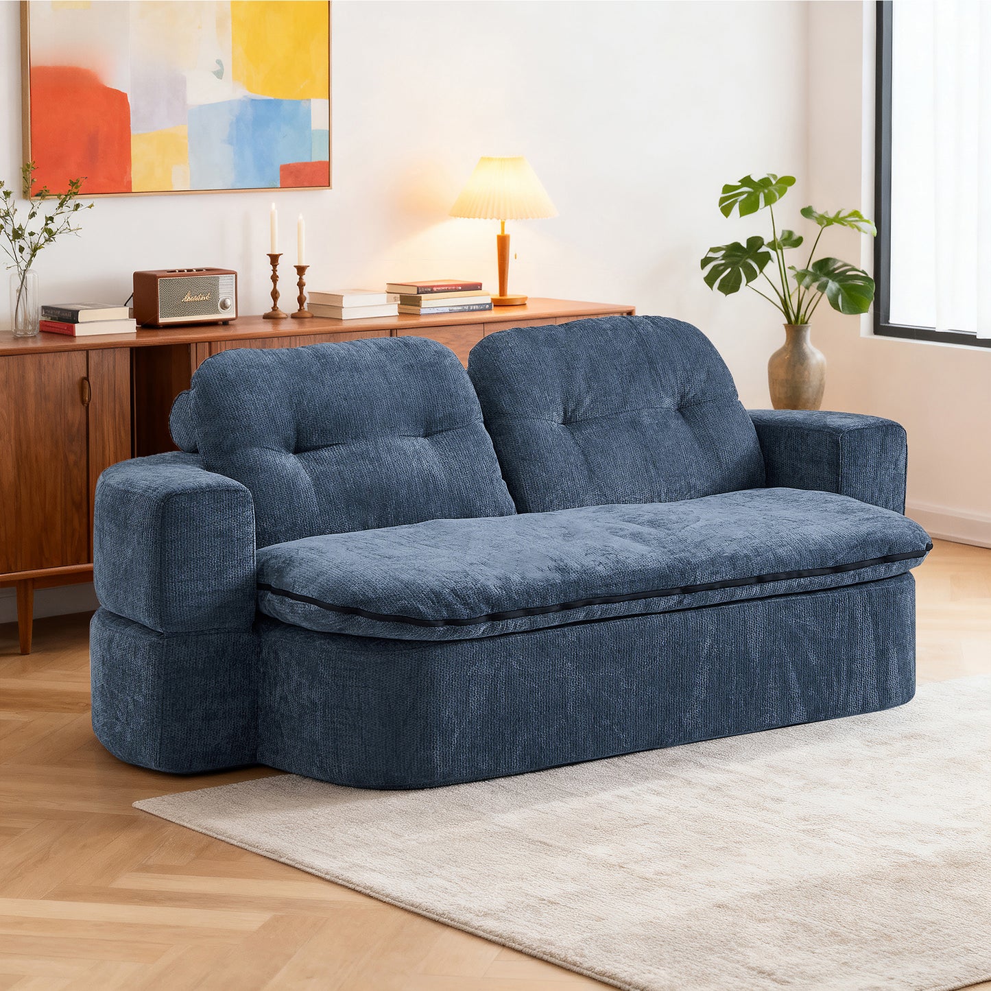 Modern Floor Sofa with 2 Pillows,Convertible Corduroy Fabric Foam-Filled Sleeper Sofa Bed, no assembly required,Convertible Sofa Cushion Unfolds into Quilt,Folding Mattress for Living Room,Playroom