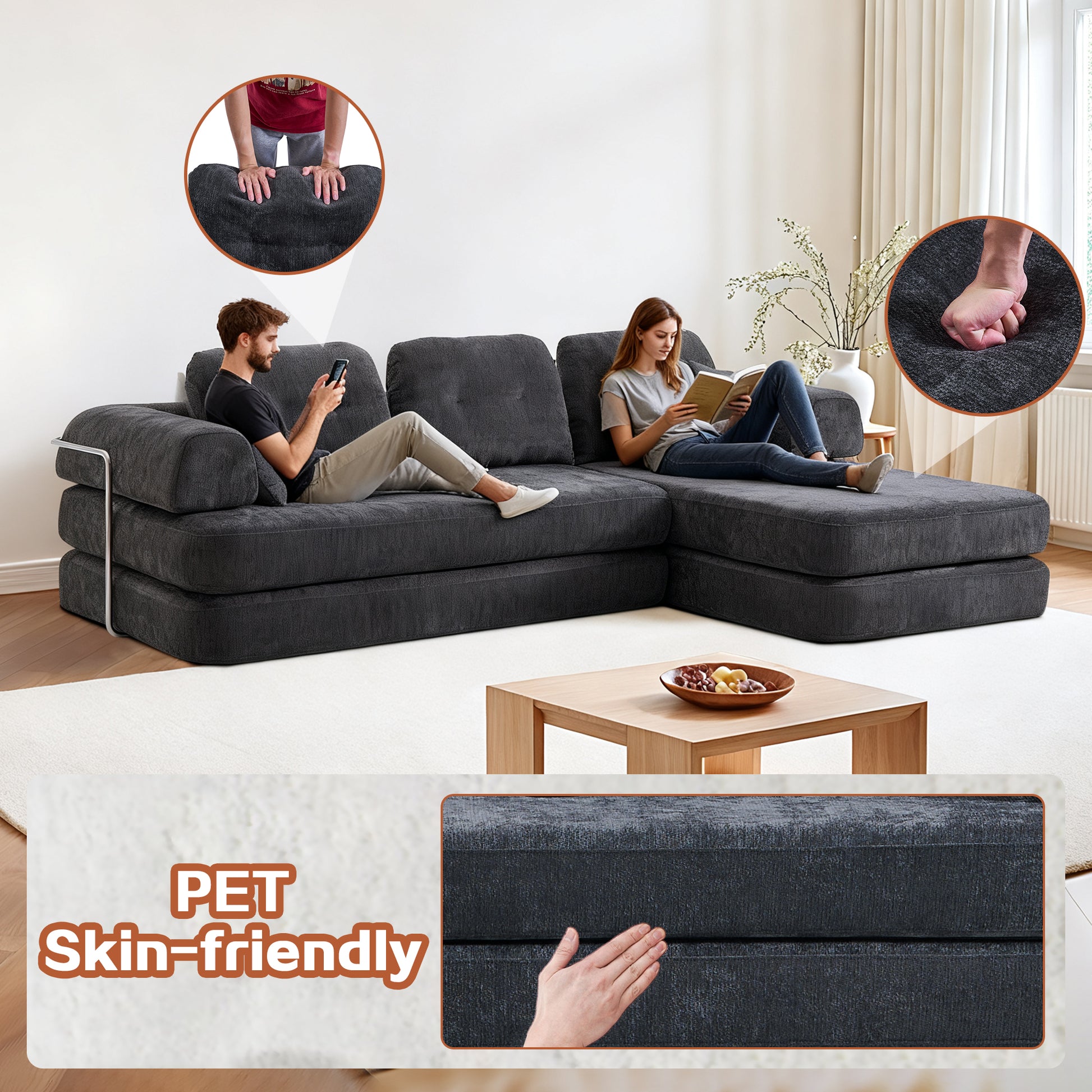 104" Dark Grey Linen Sectional Sofa - No Assembly Required for Living Room