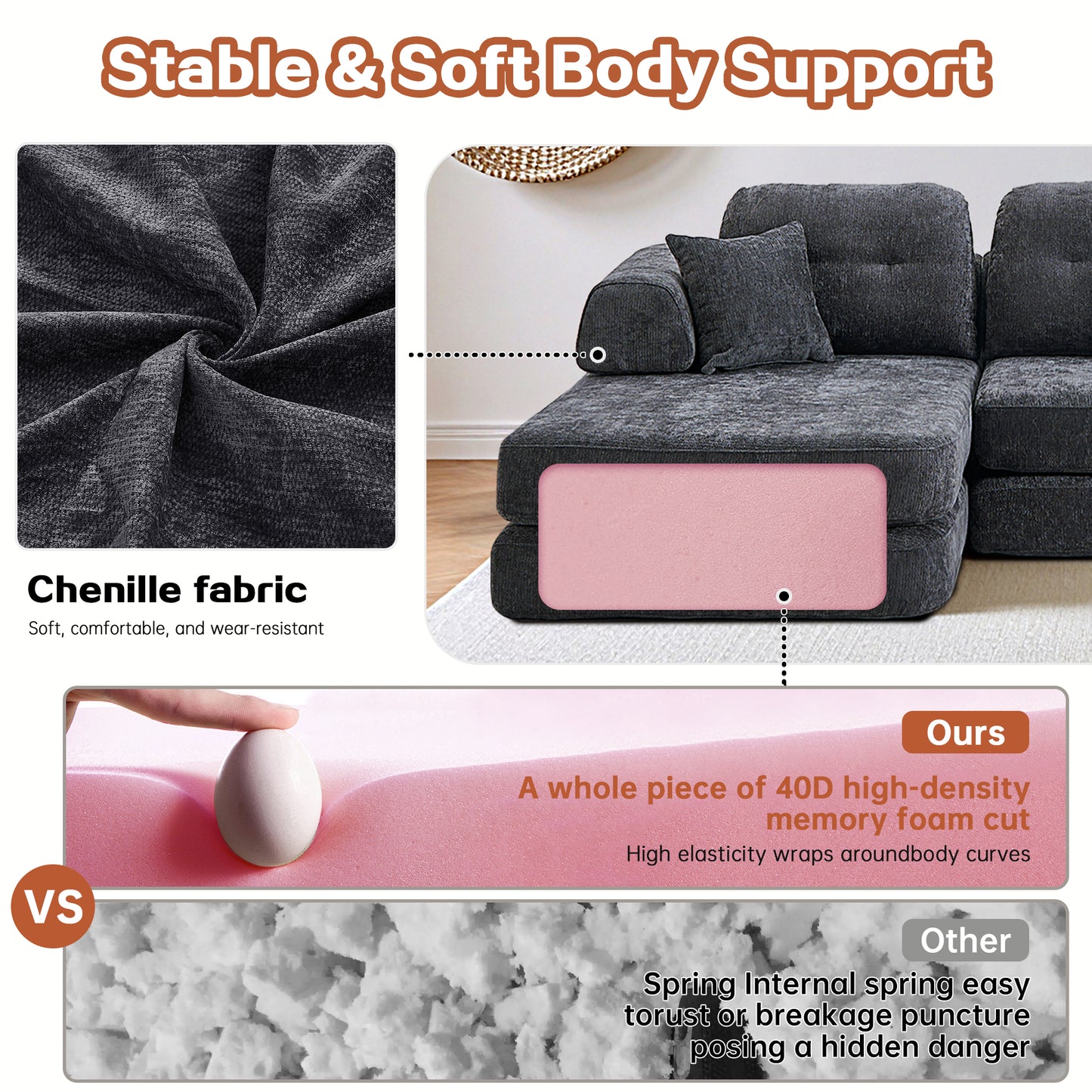 104" Dark Grey Linen Sectional Sofa - No Assembly Required for Living Room
