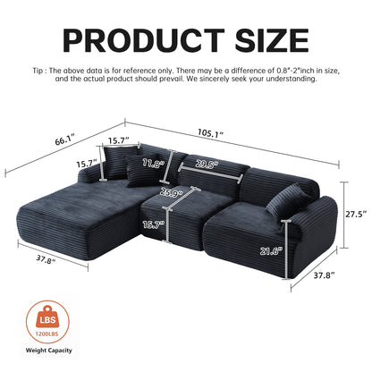 Black Corduroy 4 Seat Sectional Sofa - Modern Living Room