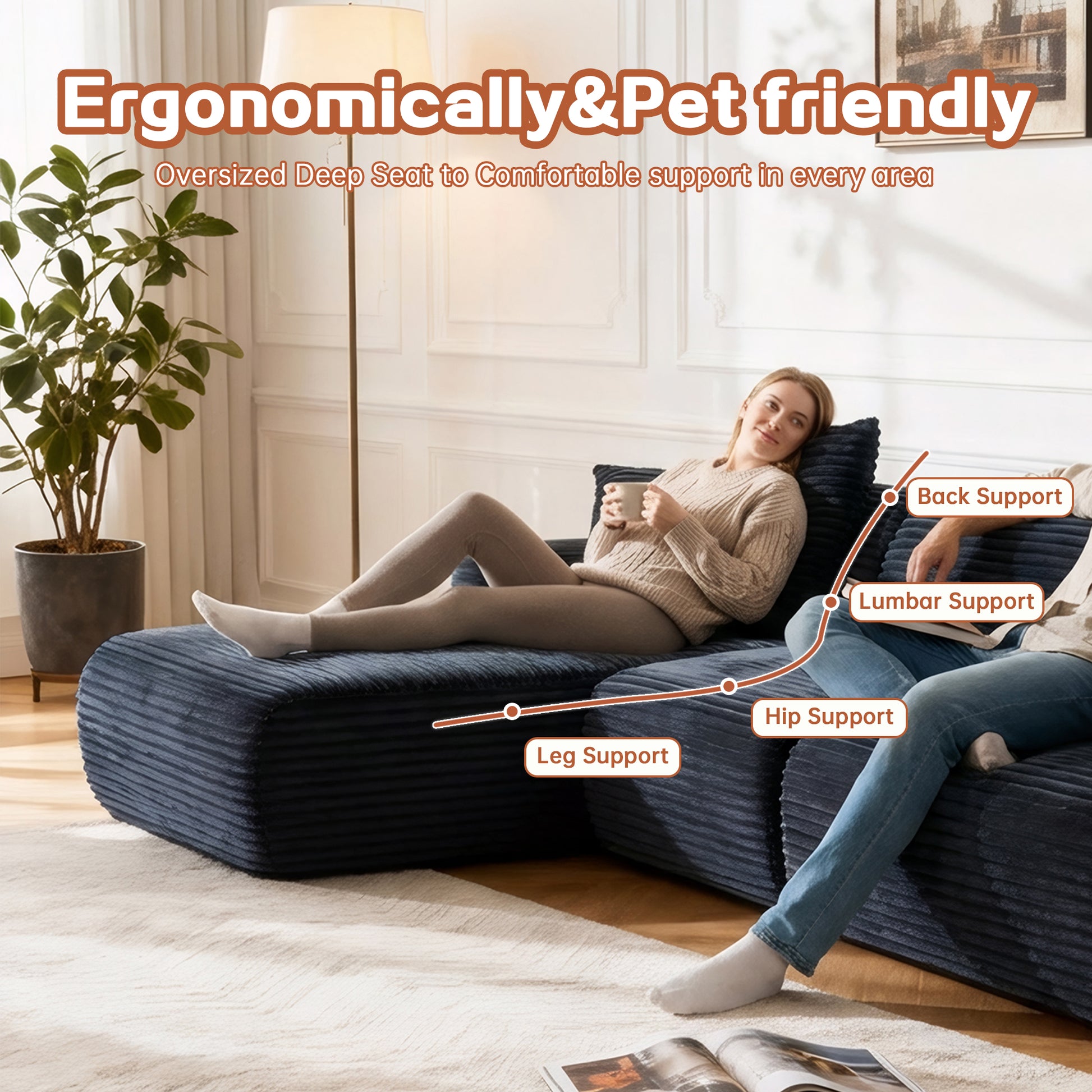 Black Corduroy 4 Seat Sectional Sofa - Modern Living Room