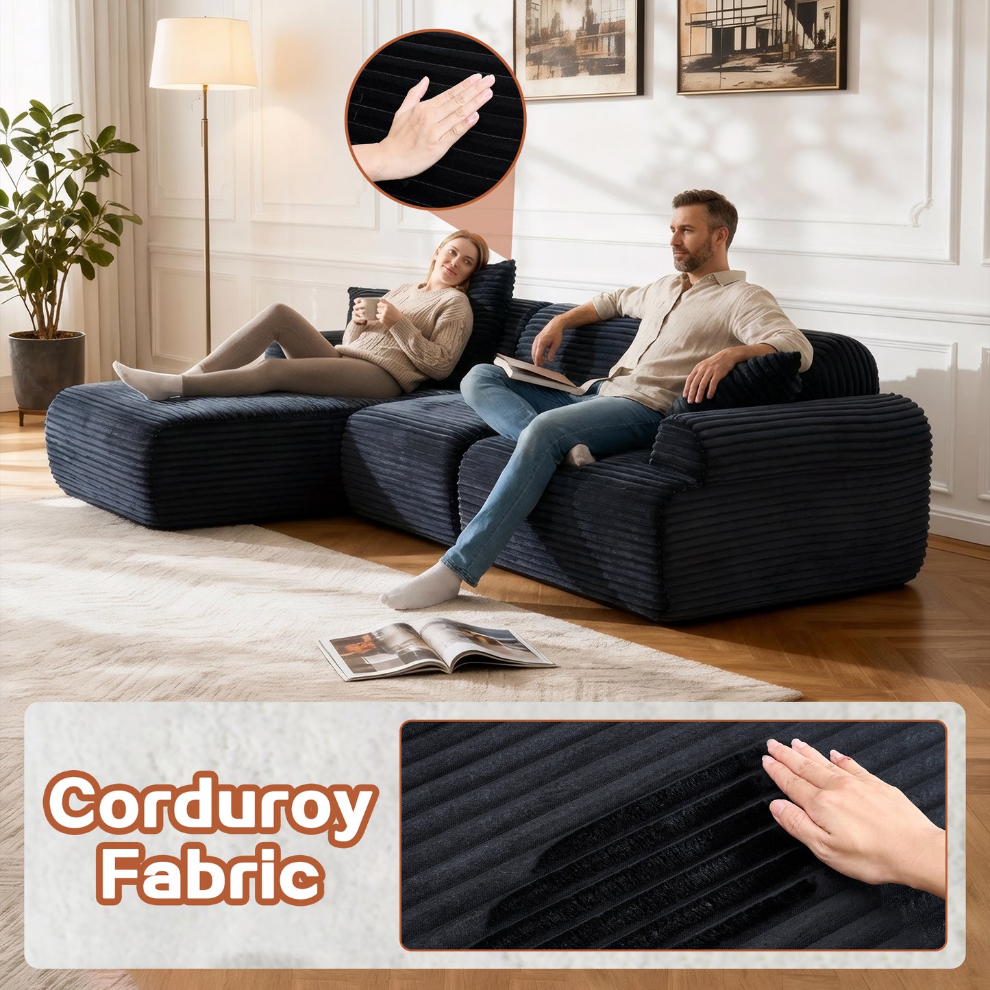 Black Corduroy 4 Seat Sectional Sofa - Modern Living Room