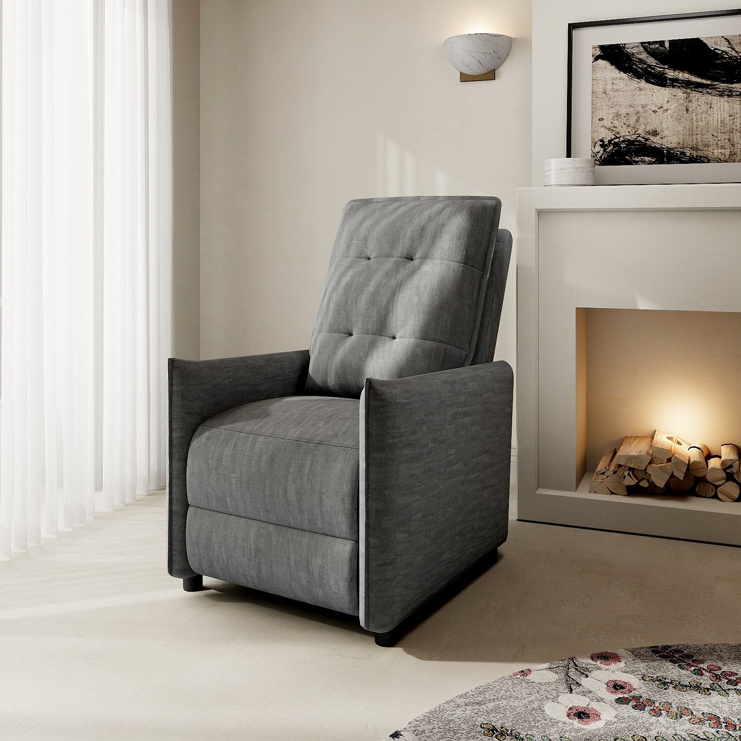 Chenille Fabric Recliner Chair for Adults - Manual Push Back Reclining Sofa with Sturdy Metal Frame, Overstuffed High-Density Foam, Adjustable Footrest for Living Room, Home Theater (Gray)