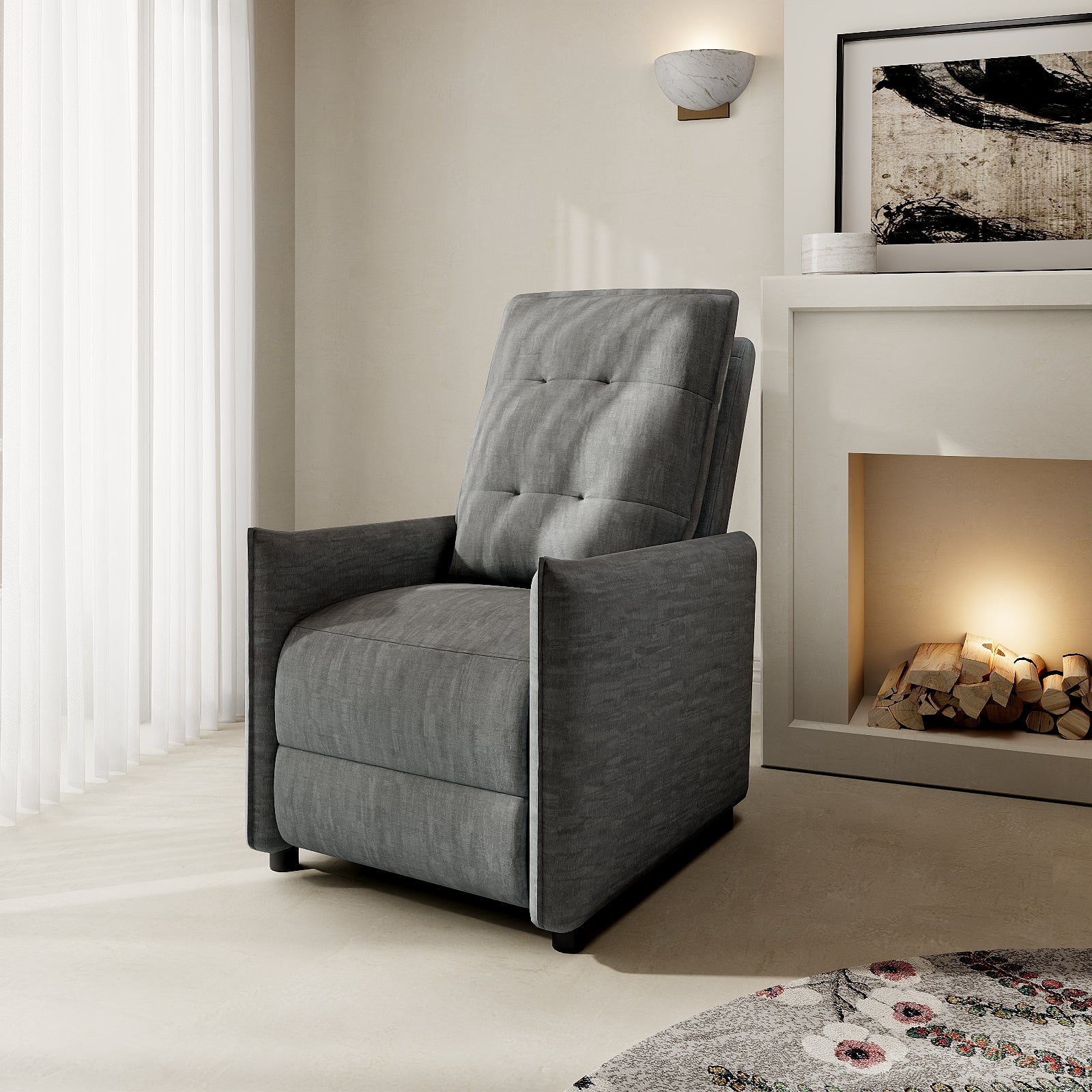 Chenille Fabric Recliner Chair for Adults - Manual Push Back Reclining Sofa with Sturdy Metal Frame, Overstuffed High-Density Foam, Adjustable Footrest for Living Room, Home Theater (Gray)