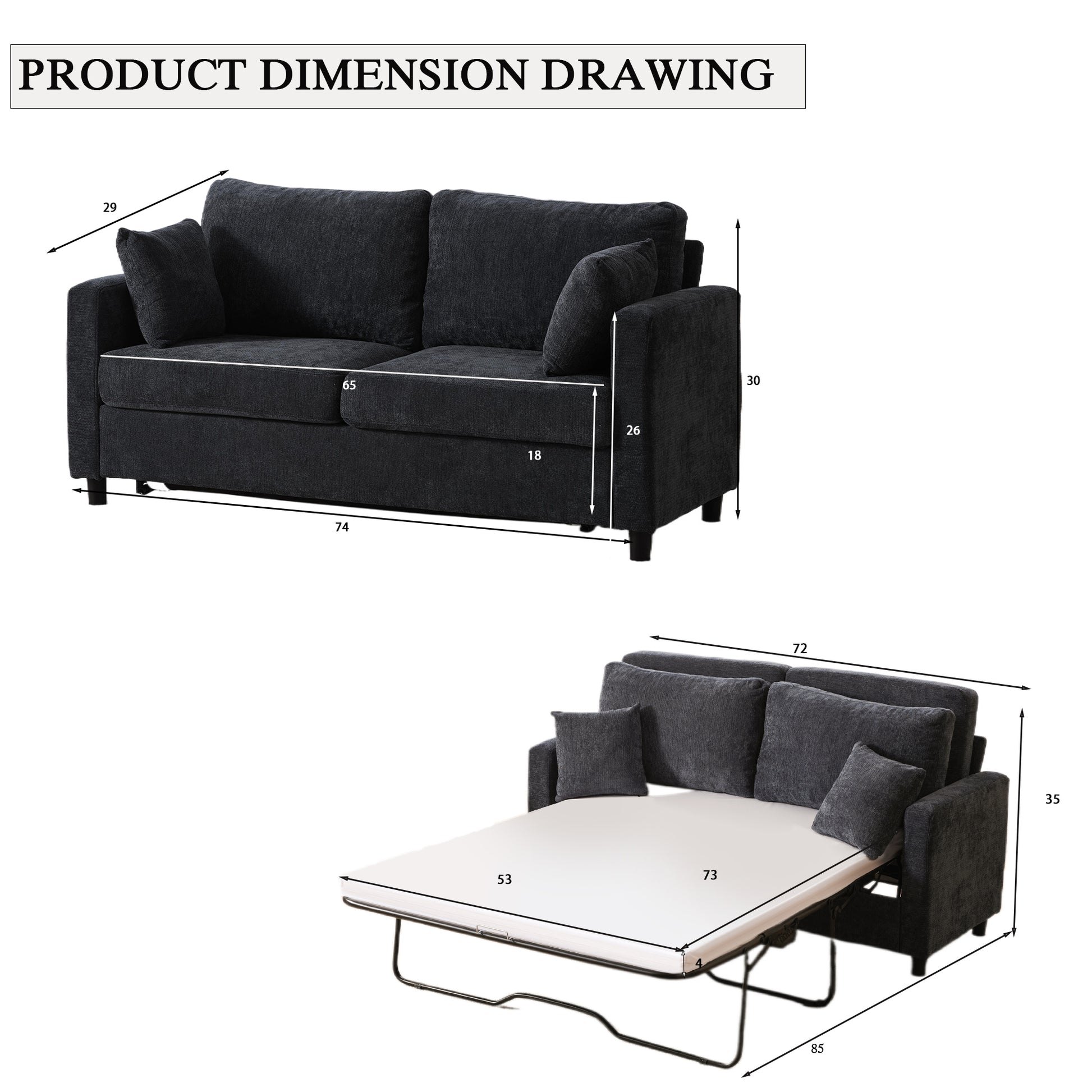 Dark Gray Sleeper Sofa Bed - 2-in-1 Pull Out Couch for Living Room
