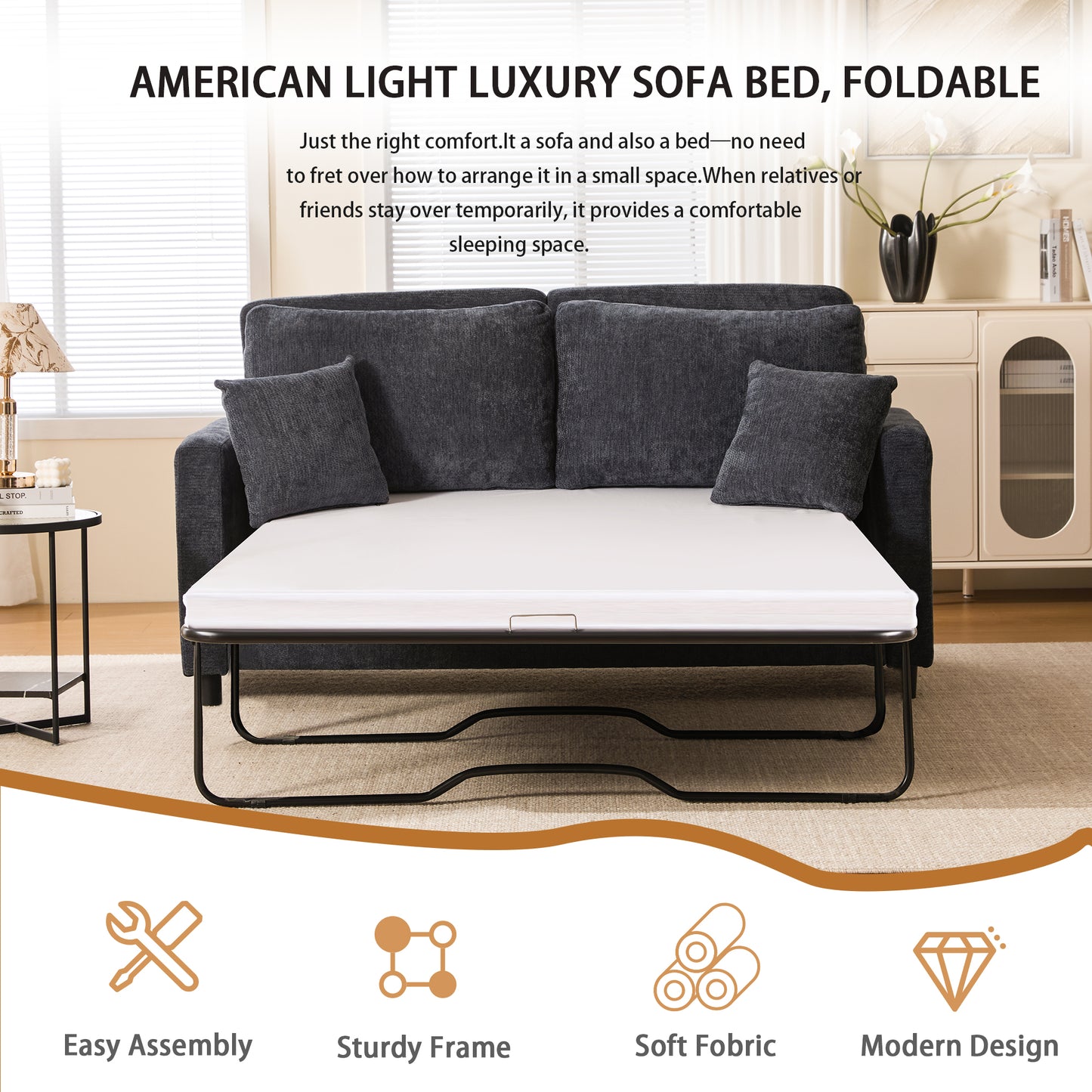 Dark Gray Sleeper Sofa Bed - 2-in-1 Pull Out Couch for Living Room