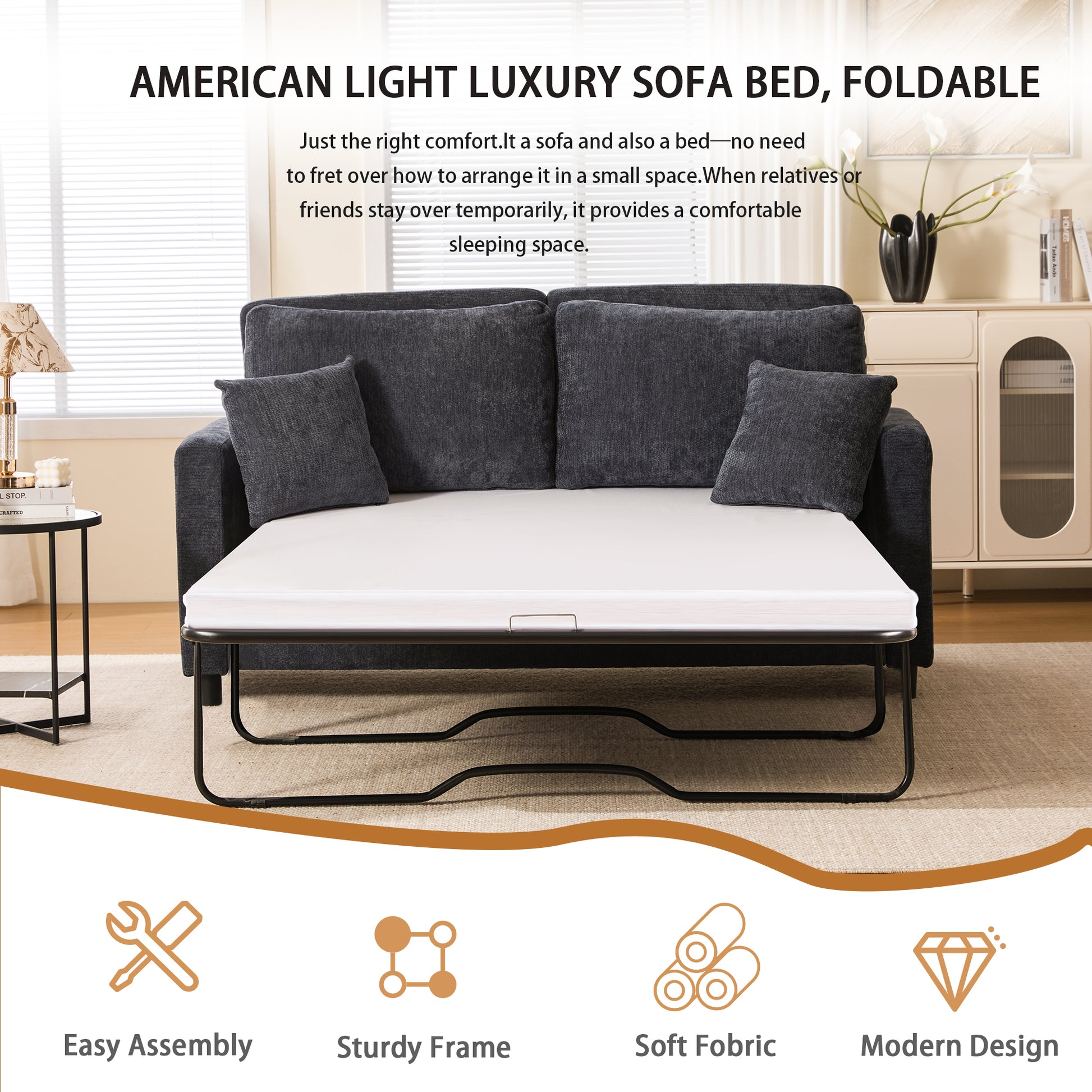 Dark Gray Sleeper Sofa Bed - 2-in-1 Pull Out Couch for Living Room