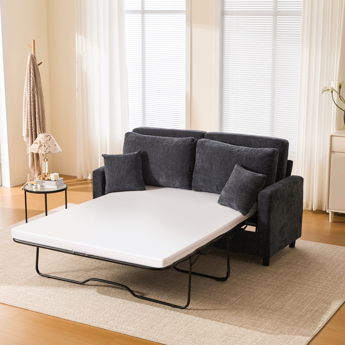 Sleeper Sofa Bed, Pull Out Couch with Mattress, 74'' 2 Seater Upholstery Sectional Couches, Modern Linen Convertible Sofa, Living Room Furniture for Small Spaces, Apartment, Studio,Dark Gray