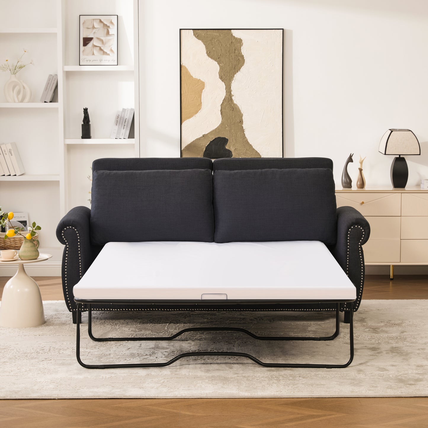 Dark Gray Linen Sofa Bed - 74" Pull Out Sleeper for Living Room