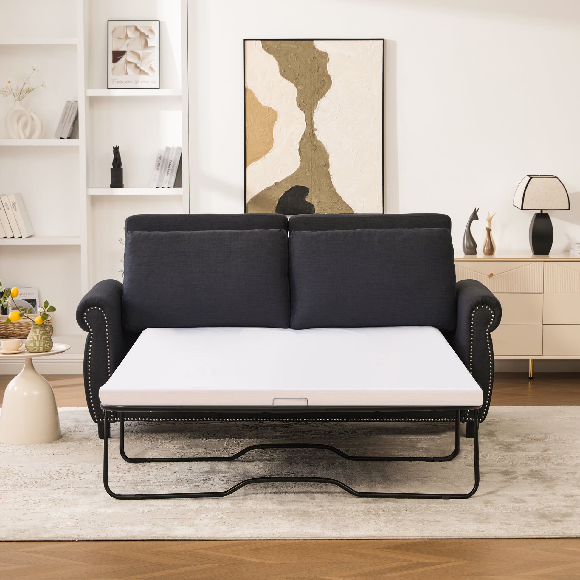 Dark Gray Linen Sofa Bed - 74" Pull Out Sleeper for Living Room