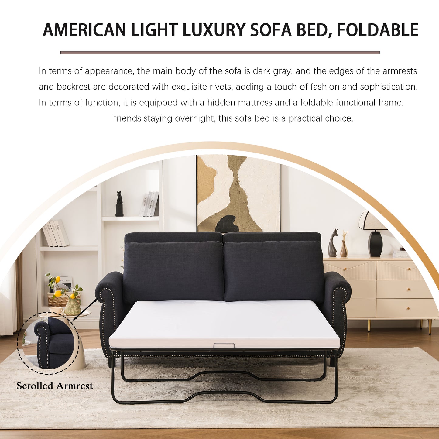 Dark Gray Linen Sofa Bed - 74" Pull Out Sleeper for Living Room