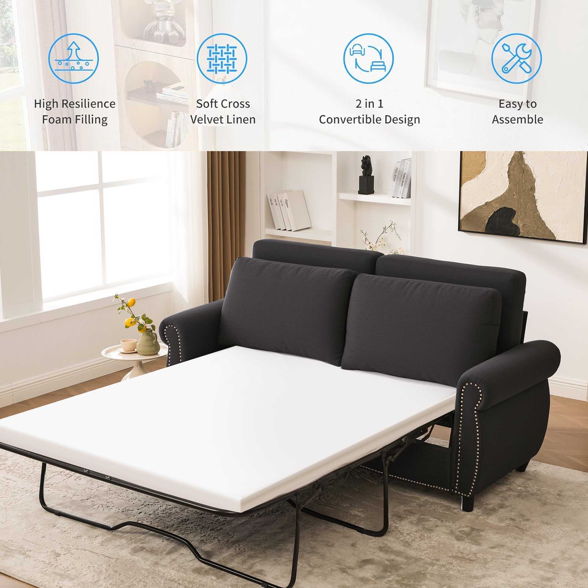Dark Gray Linen Sofa Bed - 74" Pull Out Sleeper for Living Room