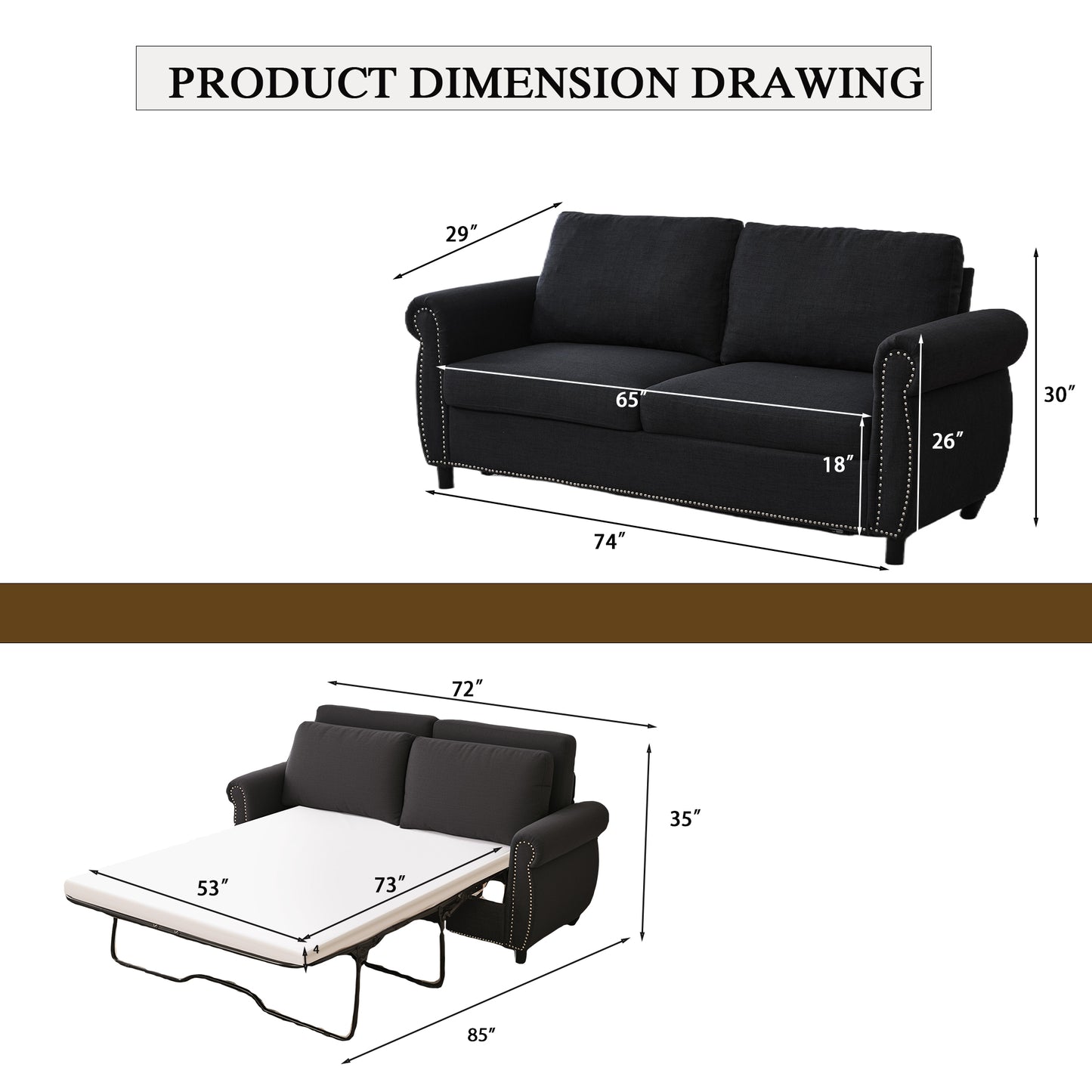 Dark Gray Linen Sofa Bed - 74" Pull Out Sleeper for Living Room