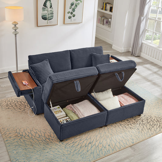 Comfortable Fluffy Corduroy Lazy Sofa, Storage Space for Big Loveseat, Super Soft Chaise Lounge with Double Ottomans and Table Board,Suitable for Chailiving