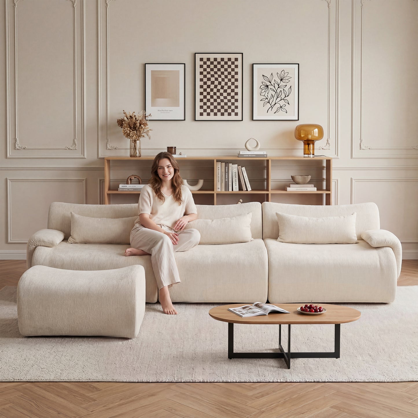 Boneless Sofa,3 Seat High-Quality ,Anti-Slip Design,No Assembly Curved Armrests Streamlined Design,Assembly Chaise 32D High Density Sponge For Living Rooms Bedrooms,White