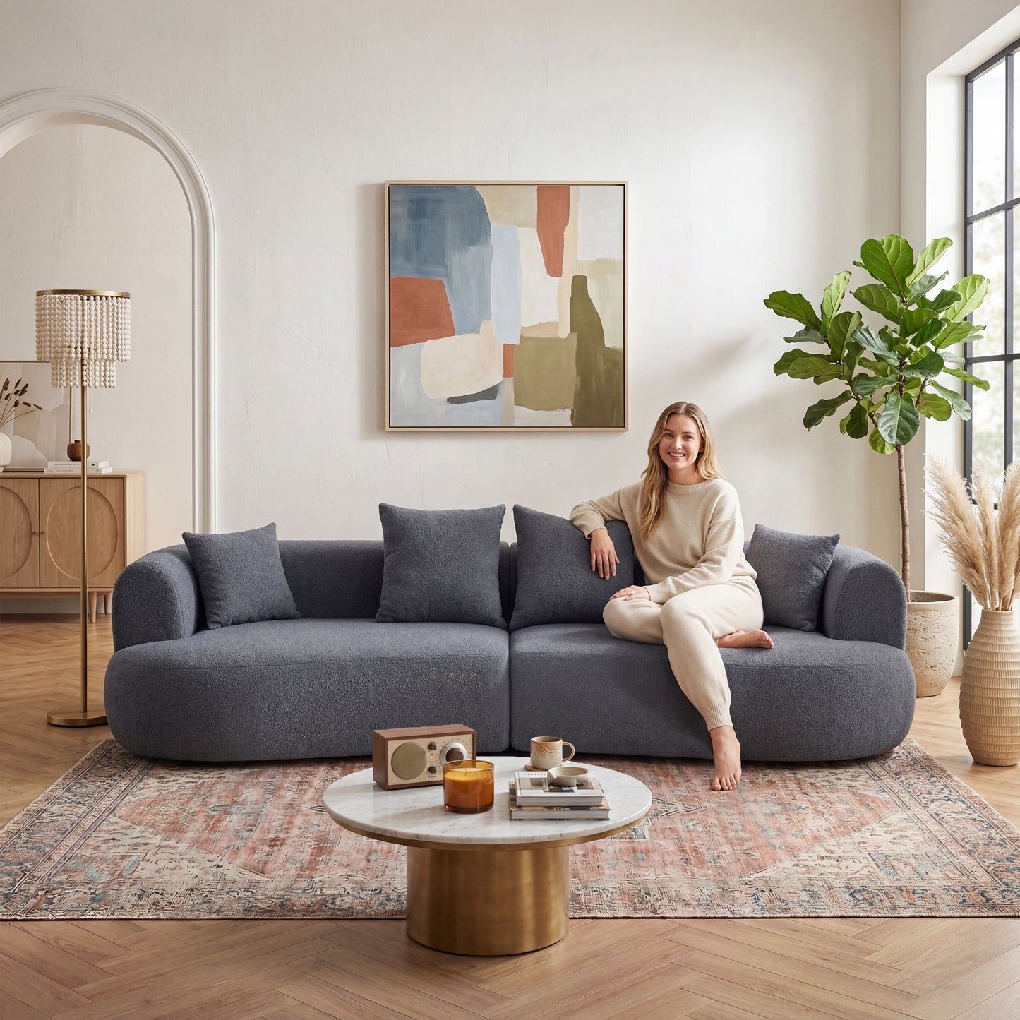 Modern Curved Sofa Sectional,122''  Arc 4-Seater Foam Couch Compressed in-a-Box, Boneless Cloud Couch with Extra-Deep-Wide Seats in Comfortable