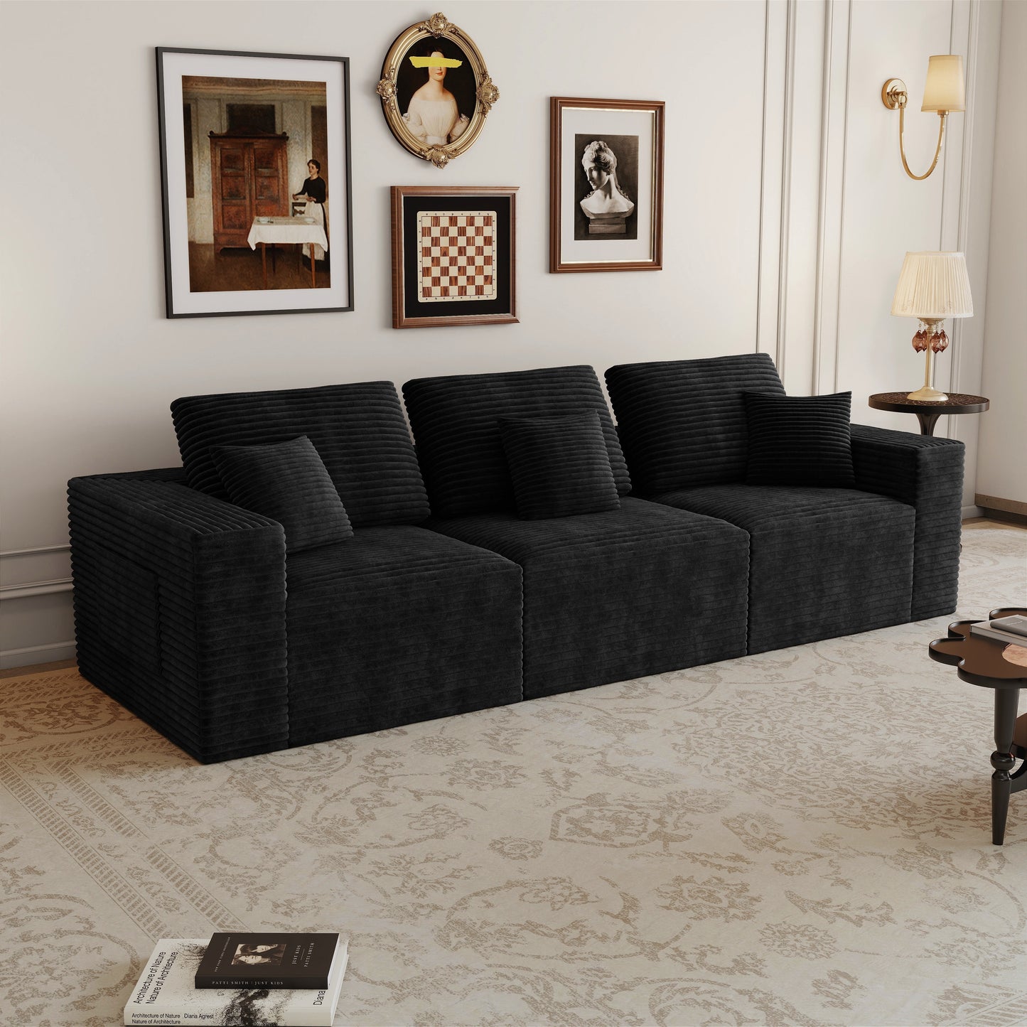 106.30*35.43"Modular sectional sofa seat,Upholstered compressed couch for living room,Bedroom,Apartment,No assembly required,3 PC free combination,Plush corduroy fabric,BLACK