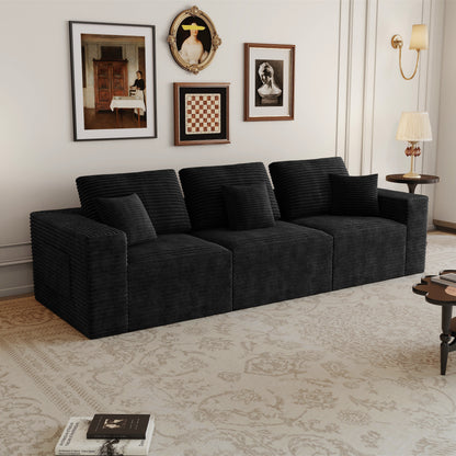 106.30*35.43"Modular sectional sofa seat,Upholstered compressed couch for living room,Bedroom,Apartment,No assembly required,3 PC free combination,Plush corduroy fabric,BLACK