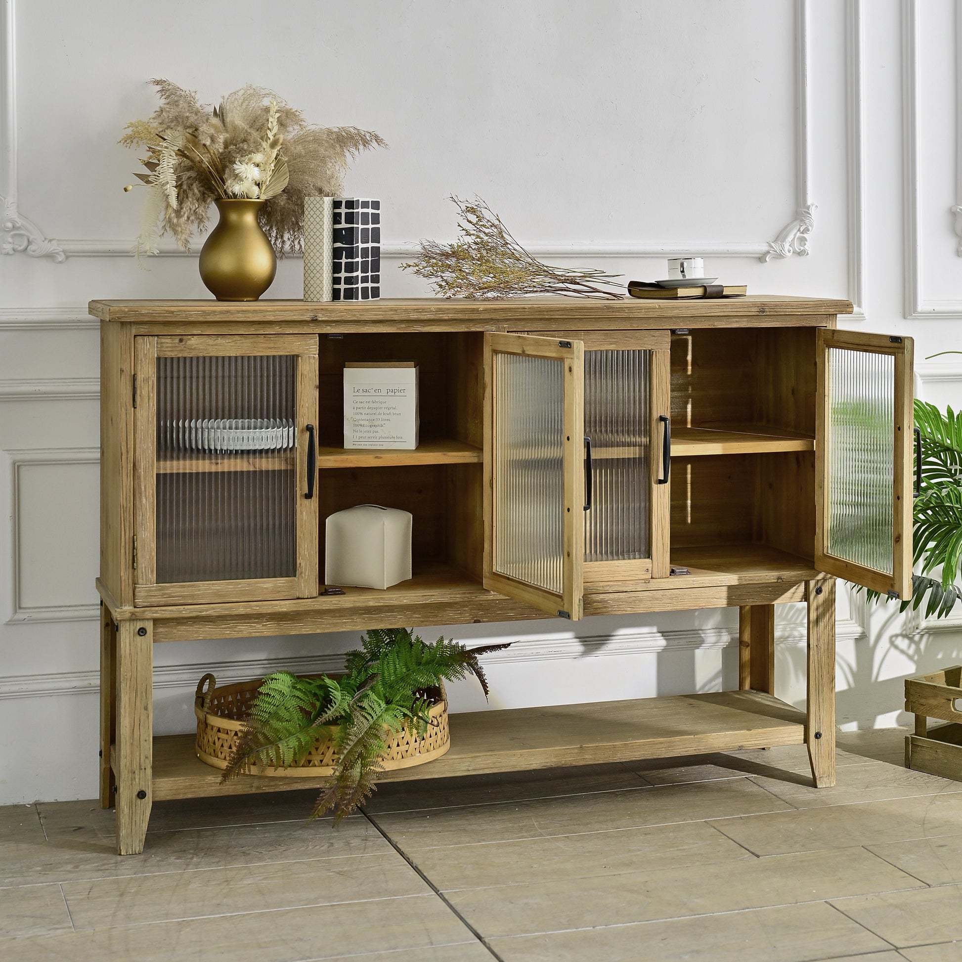 Rustic Wood Dining Room Cabinet with Glass Doors for Kitchen Storage