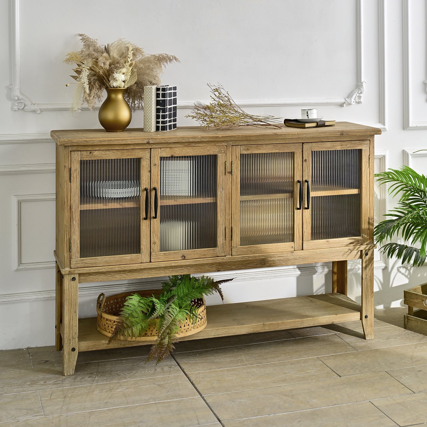 Rustic Wood Dining Room Cabinet with Glass Doors for Kitchen Storage