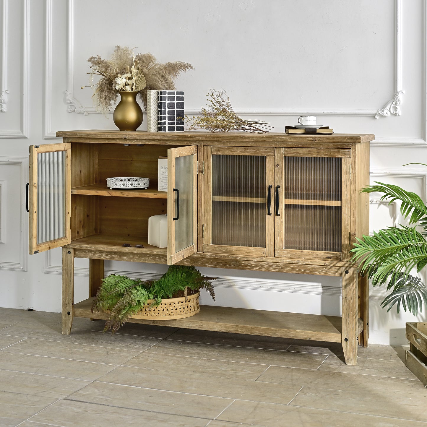 Rustic Wood Dining Room Cabinet with Glass Doors for Kitchen Storage