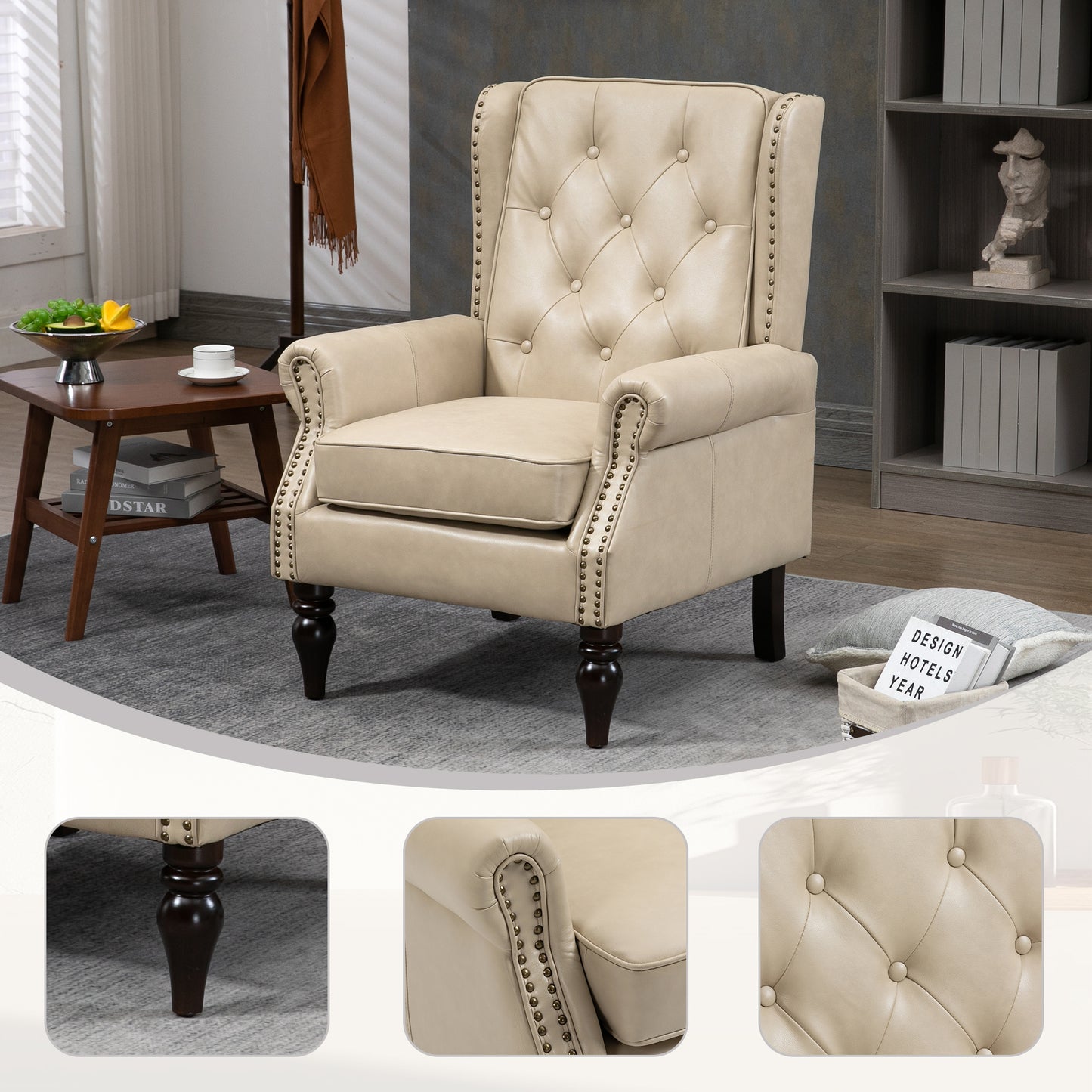 Wood Frame Armchair, Modern Accent Chair Lounge Chair with Sturdy Wood Legs for Living Room Bedroom (Camel PU)