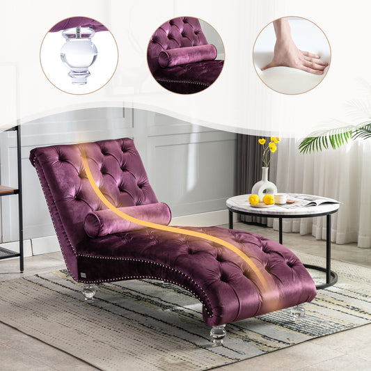 Velvet Chaise Lounge Indoor,Button-Tufted Upholstered Chaise Lounge Chair with Pillow for Bedroom Living Room Office (Purple Velvet)
