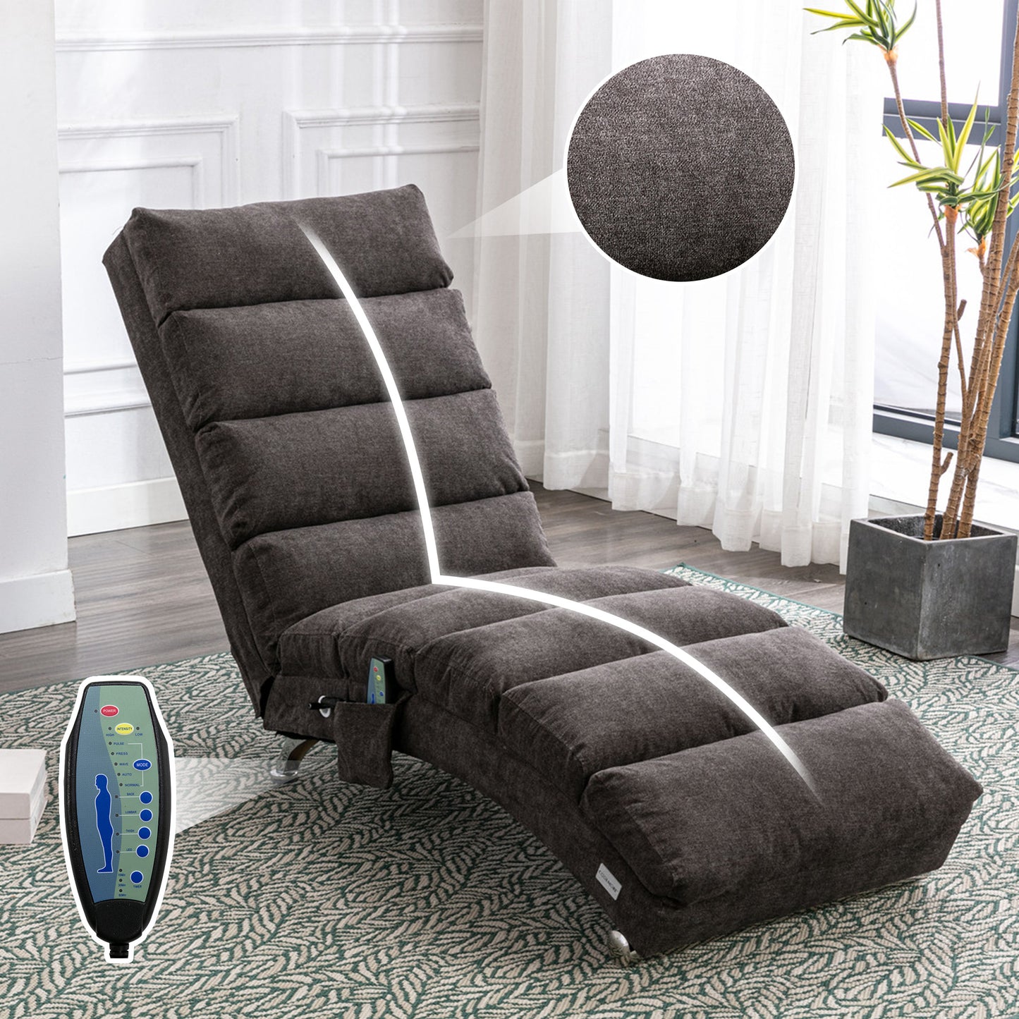 COOLMORE Luxury Upholstered Chaise Lounge Chair with Vibration for Relaxation, Modern Fixed Back Fabric Leisure Recliner Sofa for Living Room/Bedroom