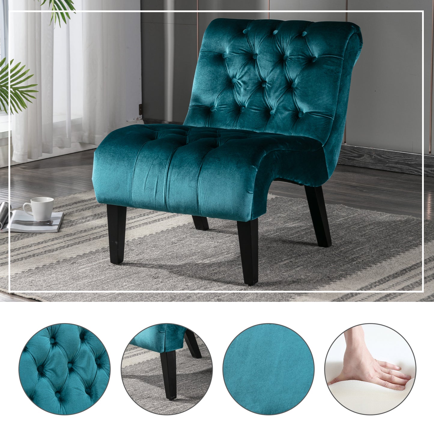 COOLMORE Modern Velvet Armless Accent Living Room Chair / Leisure Chair,Upholstered Fabric Button Comfortable Chair with Wooden Legs for Bedroom, Living Room, Office (Teal Velvet)