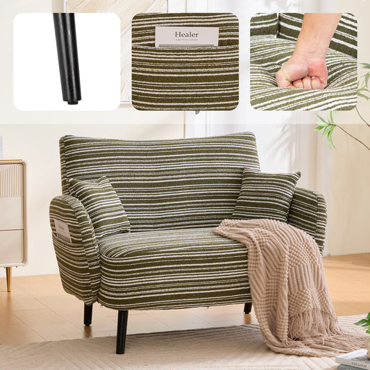 Modern style two-seater sofa with ultra-comfortable armrests, armrest pillows, and storage pockets, deep-seated two-seater sofa, comfortable modern sofa for bedroom, small spaces, apartments, and offi