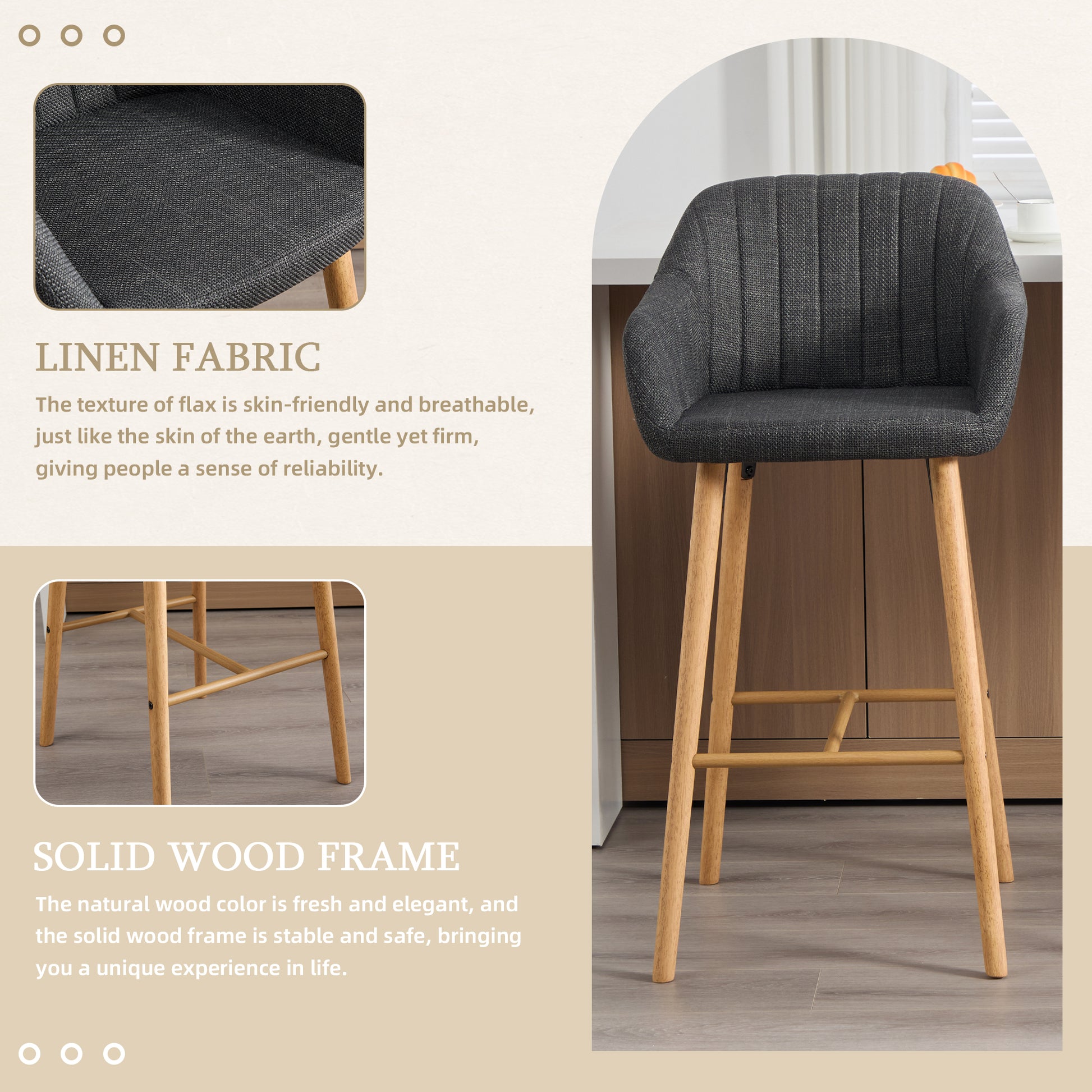 Black Linen Bar Stools Set of 2 - Tall Kitchen Chairs with Footrest