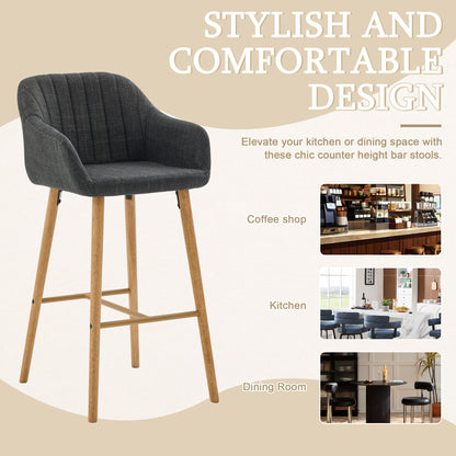 Black Linen Bar Stools Set of 2 - Tall Kitchen Chairs with Footrest