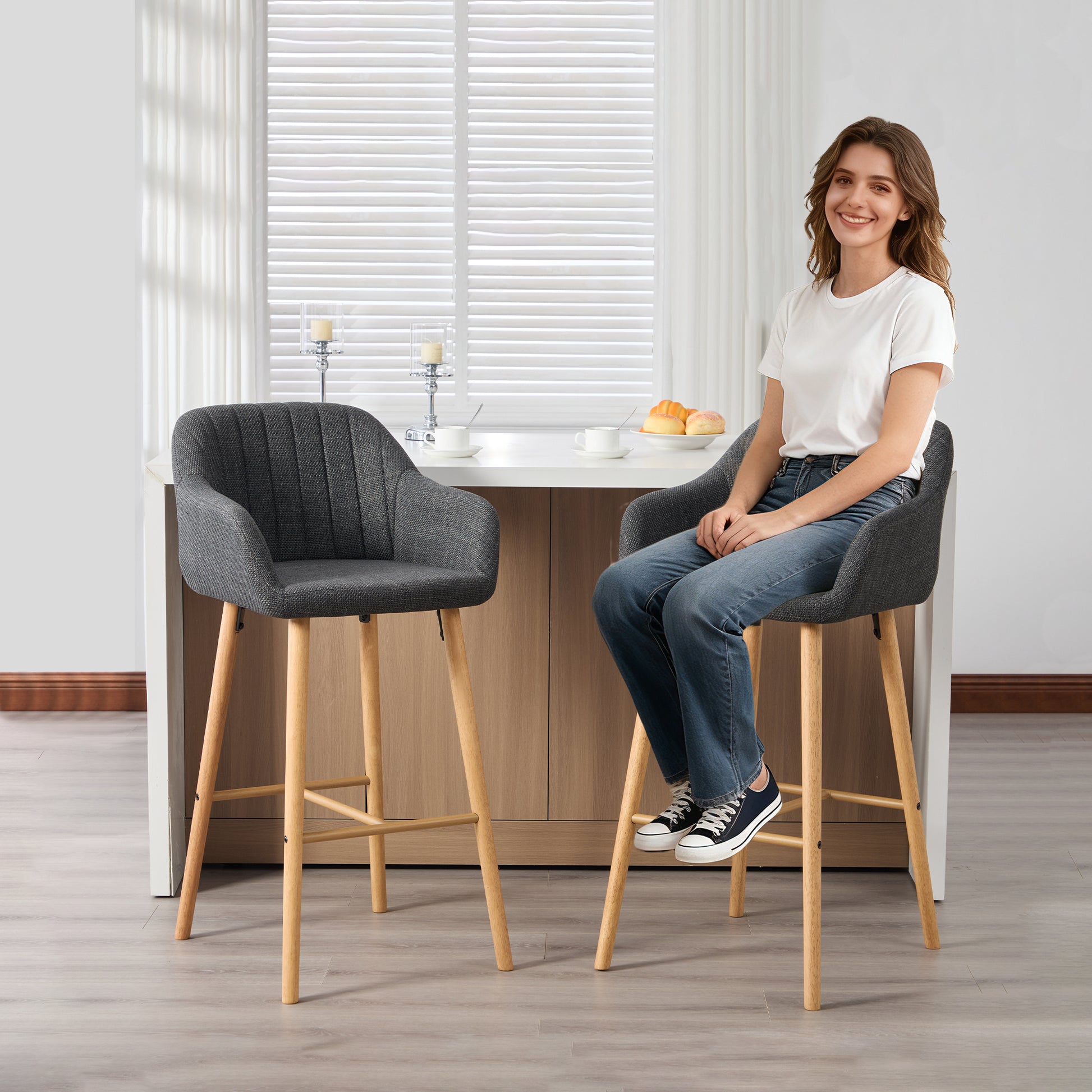 Black Linen Bar Stools Set of 2 - Tall Kitchen Chairs with Footrest