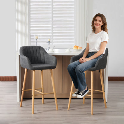 Black Linen Bar Stools Set of 2 - Tall Kitchen Chairs with Footrest