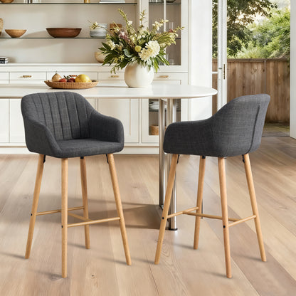 Black Linen Bar Stools Set of 2 - Tall Kitchen Chairs with Footrest