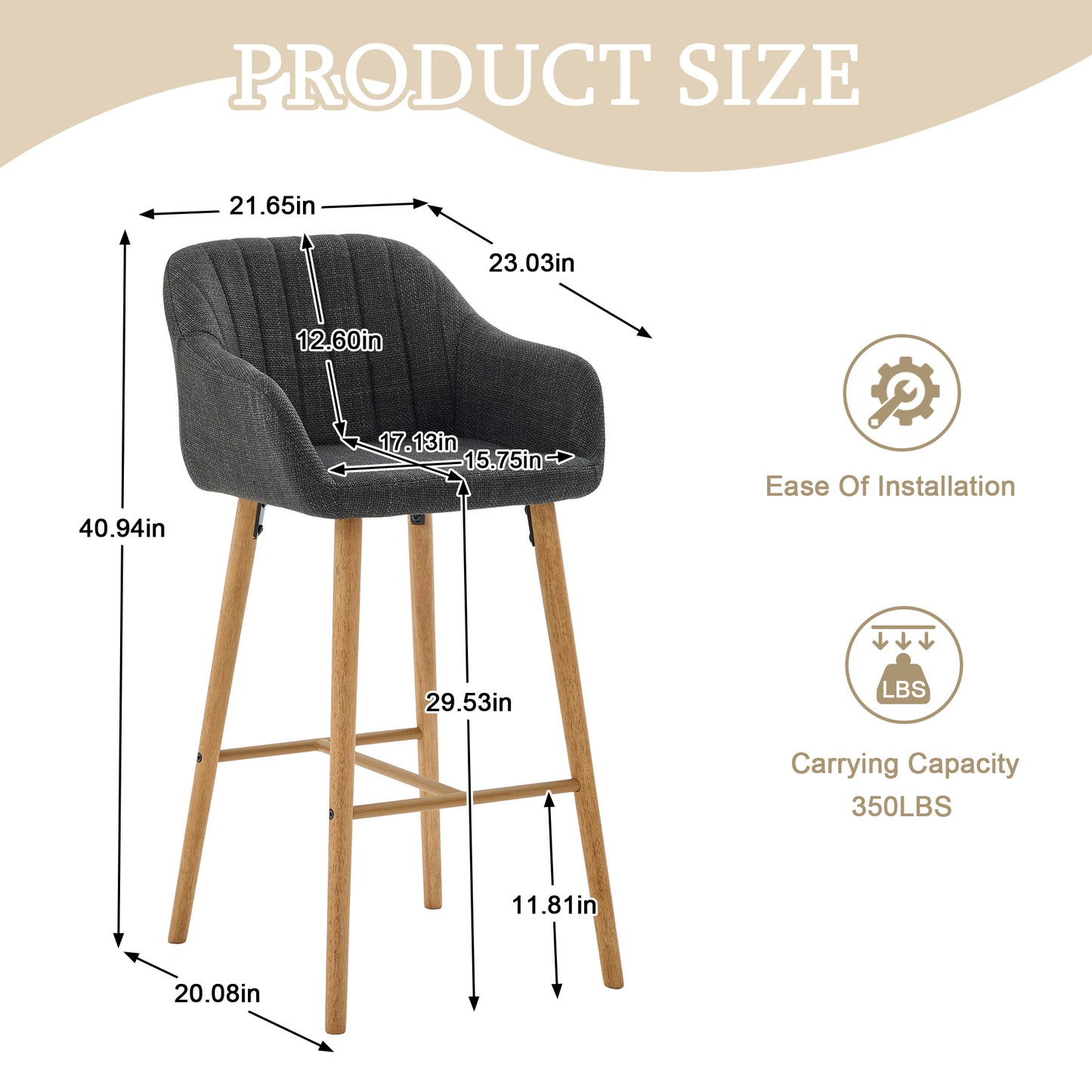Black Linen Bar Stools Set of 2 - Tall Kitchen Chairs with Footrest