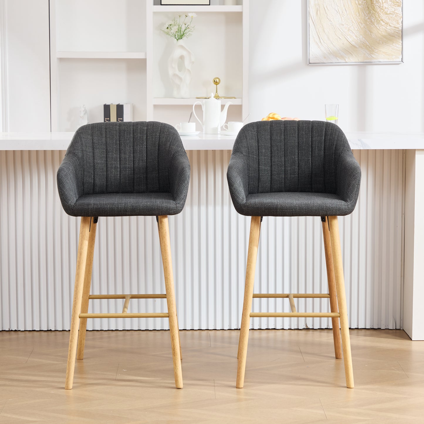 Black Linen Bar Stools Set of 2 - Tall Kitchen Chairs with Footrest
