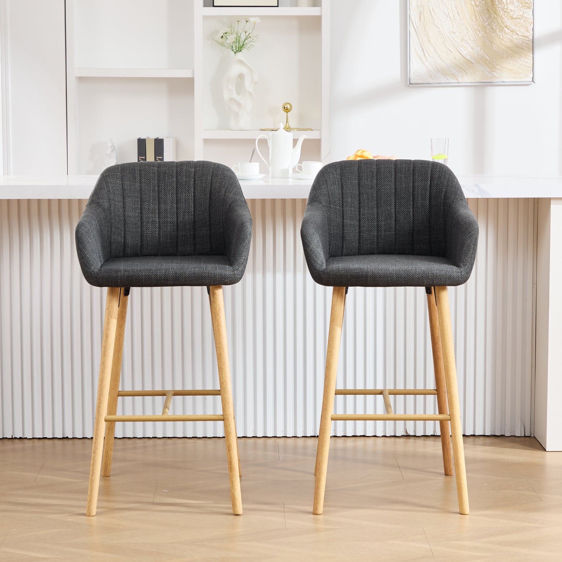 Black Linen Bar Stools Set of 2 - Tall Kitchen Chairs with Footrest