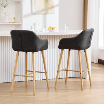 Black Linen Bar Stools Set of 2 - Tall Kitchen Chairs with Footrest