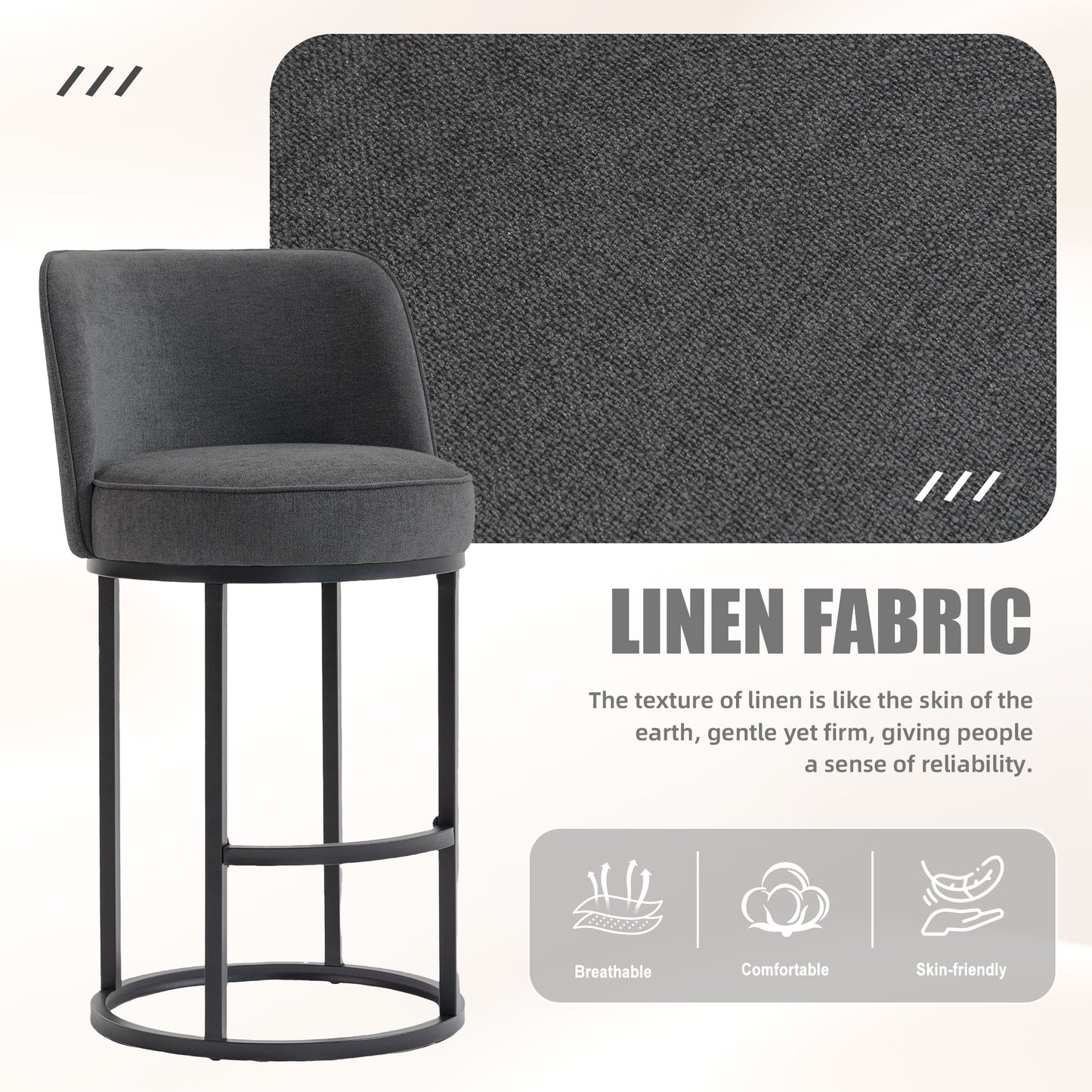 Gray Linen Bar Stools Set of 2 - Kitchen Island Seating for Living Room