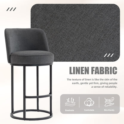 Gray Linen Bar Stools Set of 2 - Kitchen Island Seating for Living Room