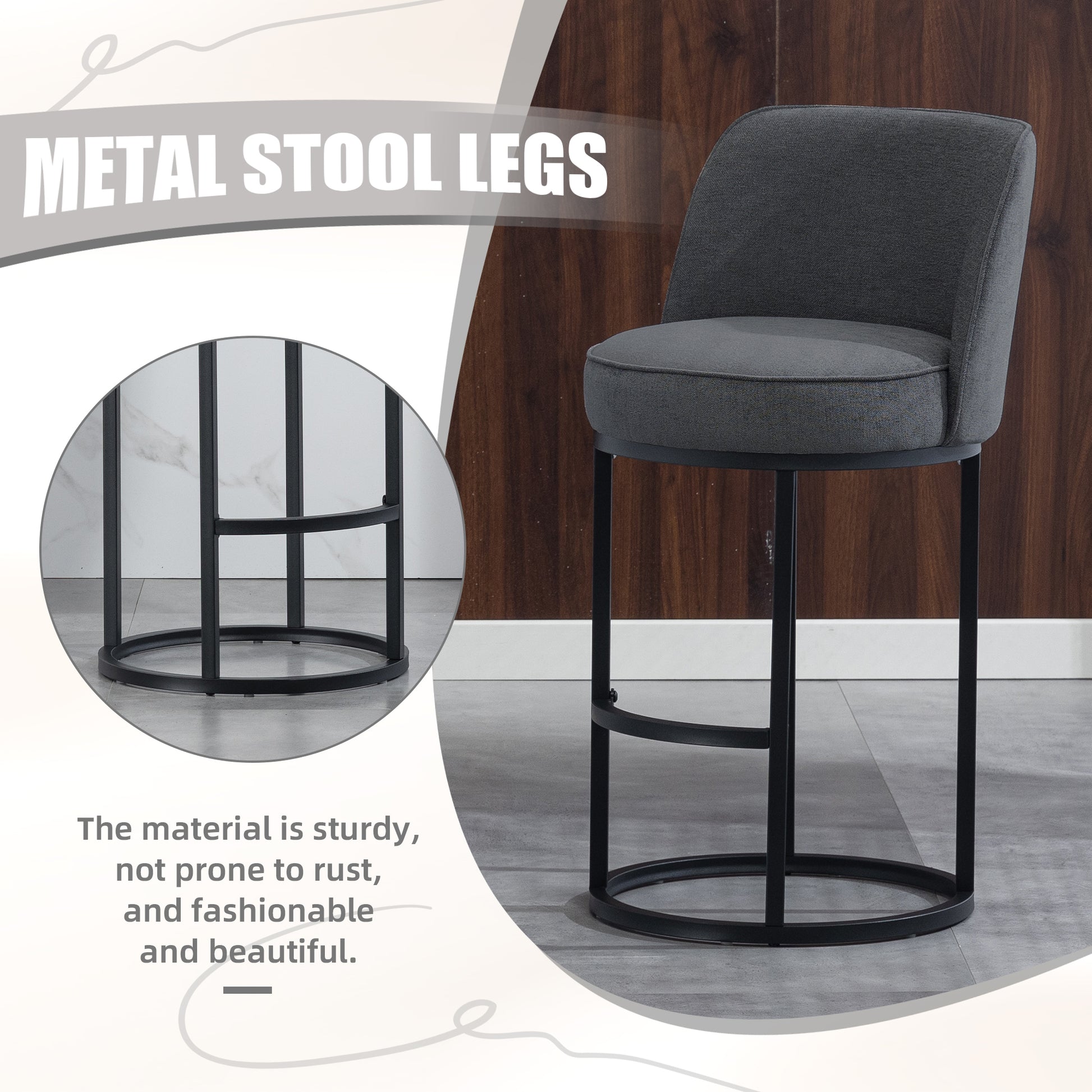 Gray Linen Bar Stools Set of 2 - Kitchen Island Seating for Living Room
