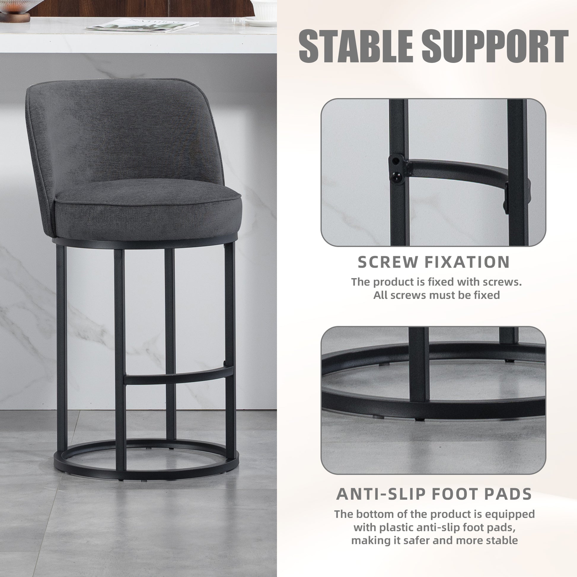 Gray Linen Bar Stools Set of 2 - Kitchen Island Seating for Living Room